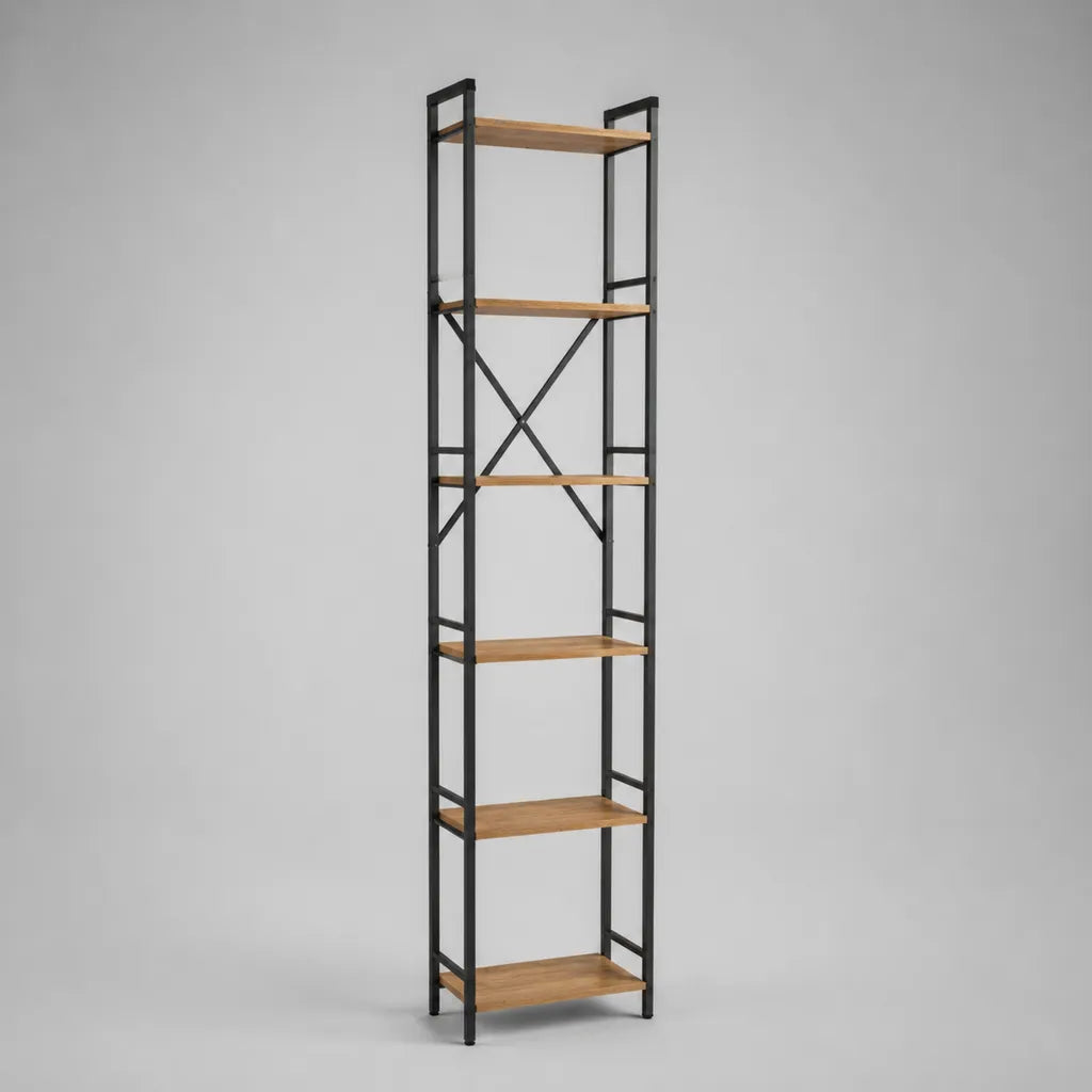 Bibliothèque étagère avec 6 niveaux en acier et panneau de particules noir/couleur chêne 60 × 30 × 200 cm
