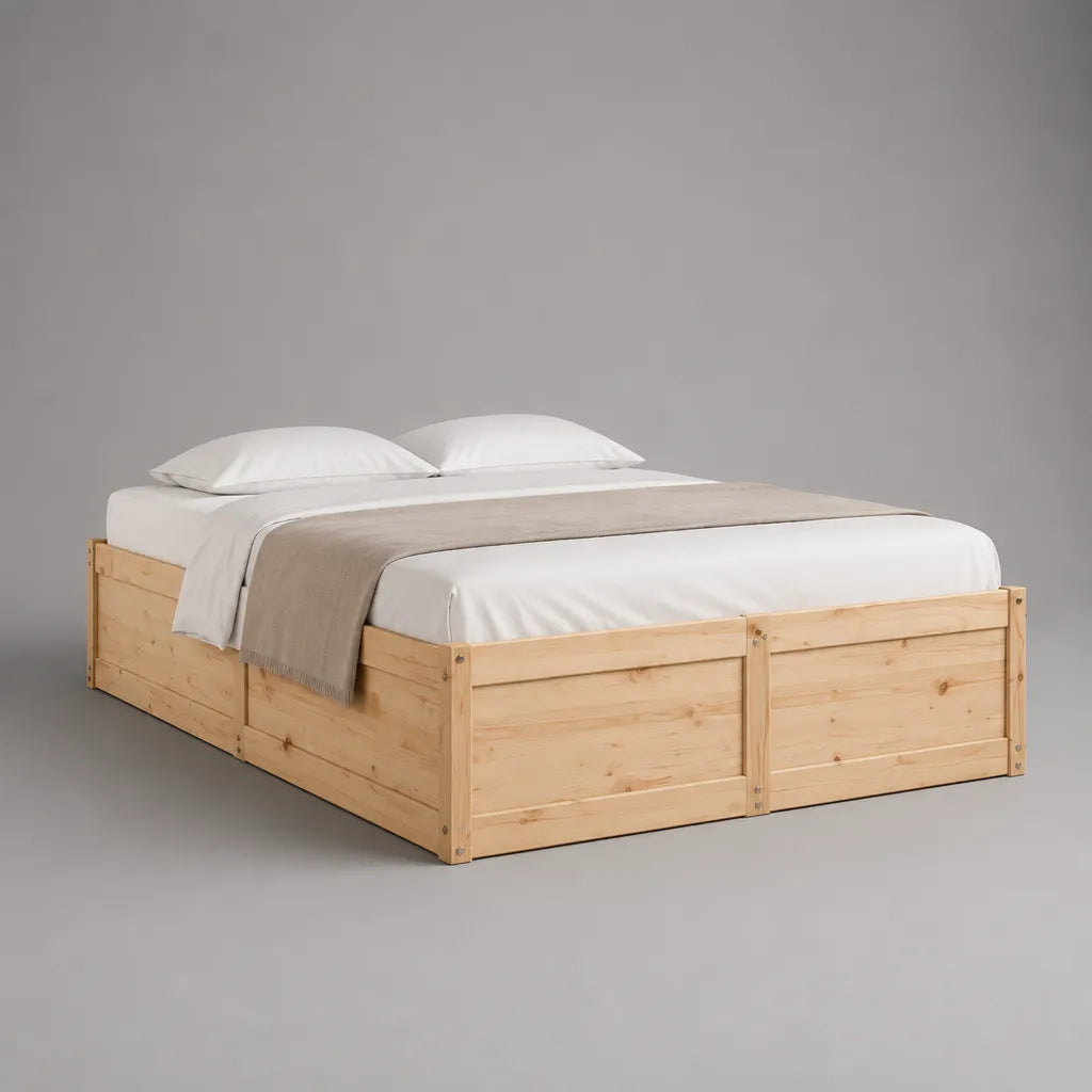 Lit double en bois massif de pin, couleur naturelle, 160 × 200 cm, dimensions totales 208 × 168 × 50 cm