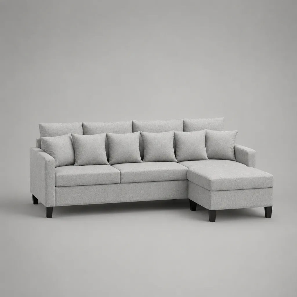 Canapé-angle 3 places avec récamiere côté droit, polyester, gris clair, 232 × 150 × 88 cm