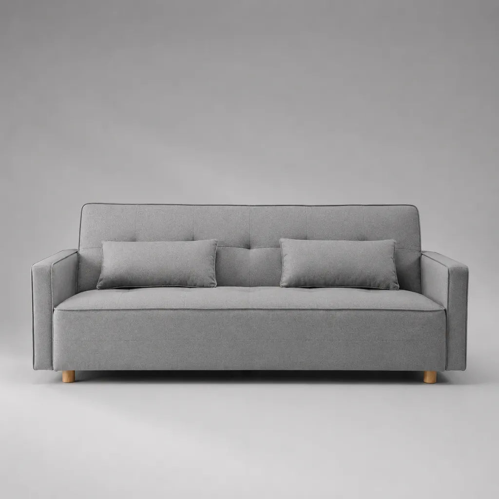 Canapé 3 places en bois avec housse en polyester et 2 oreillers, gris clair/couleur naturelle, 200 × 84 × 86 cm