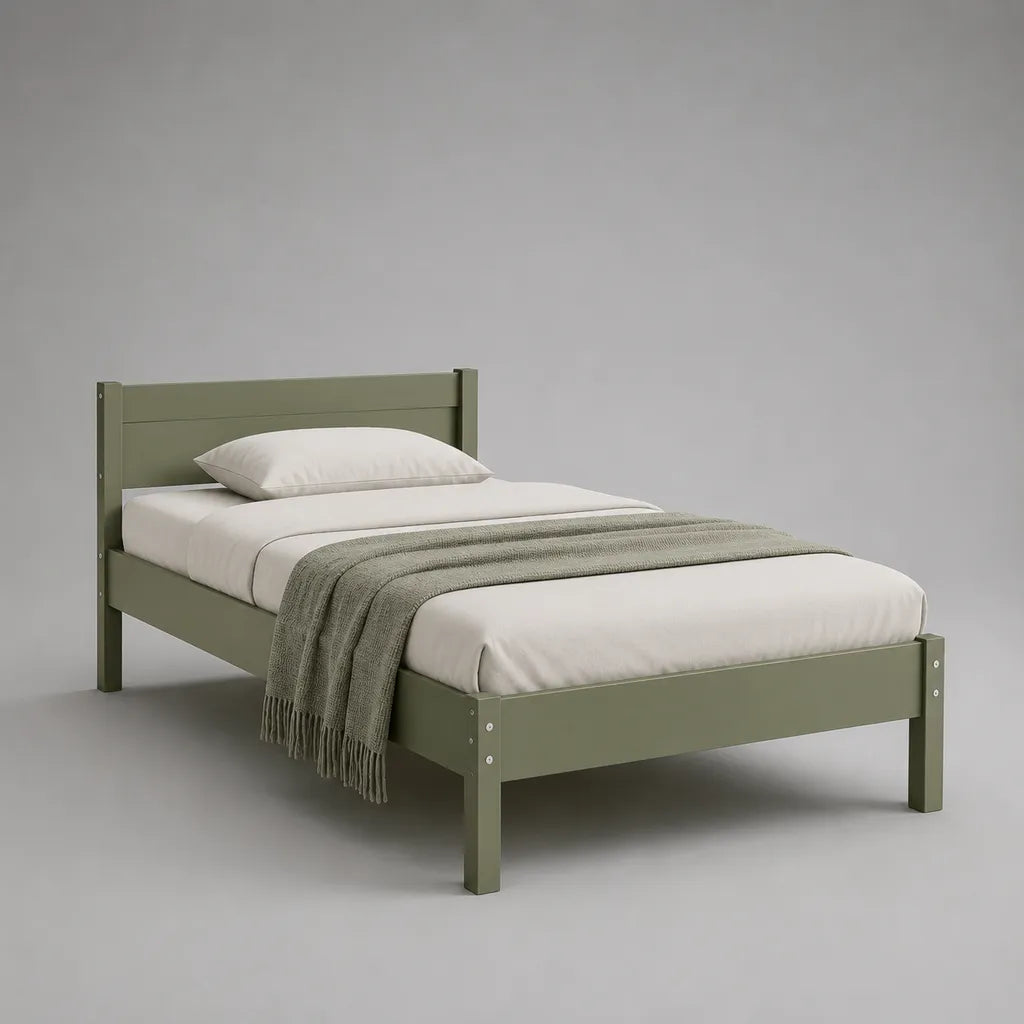 Structure de lit simple en bois massif de pin, vert olive, couchage 90 × 200 cm, dimensions totales 208 × 98 × 90 cm
