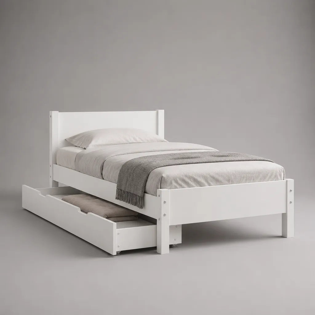 Armoire de lit simple en pin massif avec tiroir, tête de lit et torche, blanc, 198 × 98 × 90 cm, couchage 90 × 190 cm