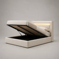 Lit de rangement avec tête de lit LED et grille à lattes, lit double rembourré en tissu, beige, 160 × 200 cm
