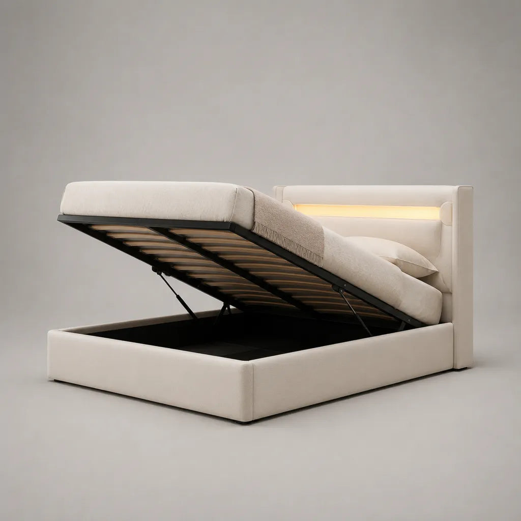 Lit de rangement avec tête de lit LED et grille à lattes, lit double rembourré en tissu, beige, 160 × 200 cm