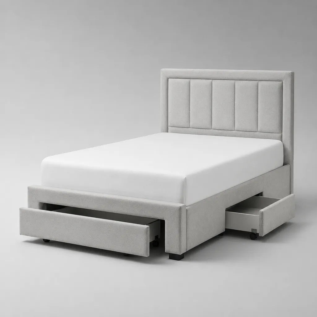 Lit de rangement avec tiroirs en bois et tissu, gris clair, couchage 160 × 200 cm, dimensions totales 215 × 171 × 120 cm