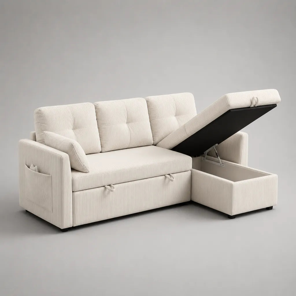 Ecksofa avec dortoir et boîte de lit, 3 places en corde polyester, récamerie à droite, crème, 225 × 145 × 88 cm