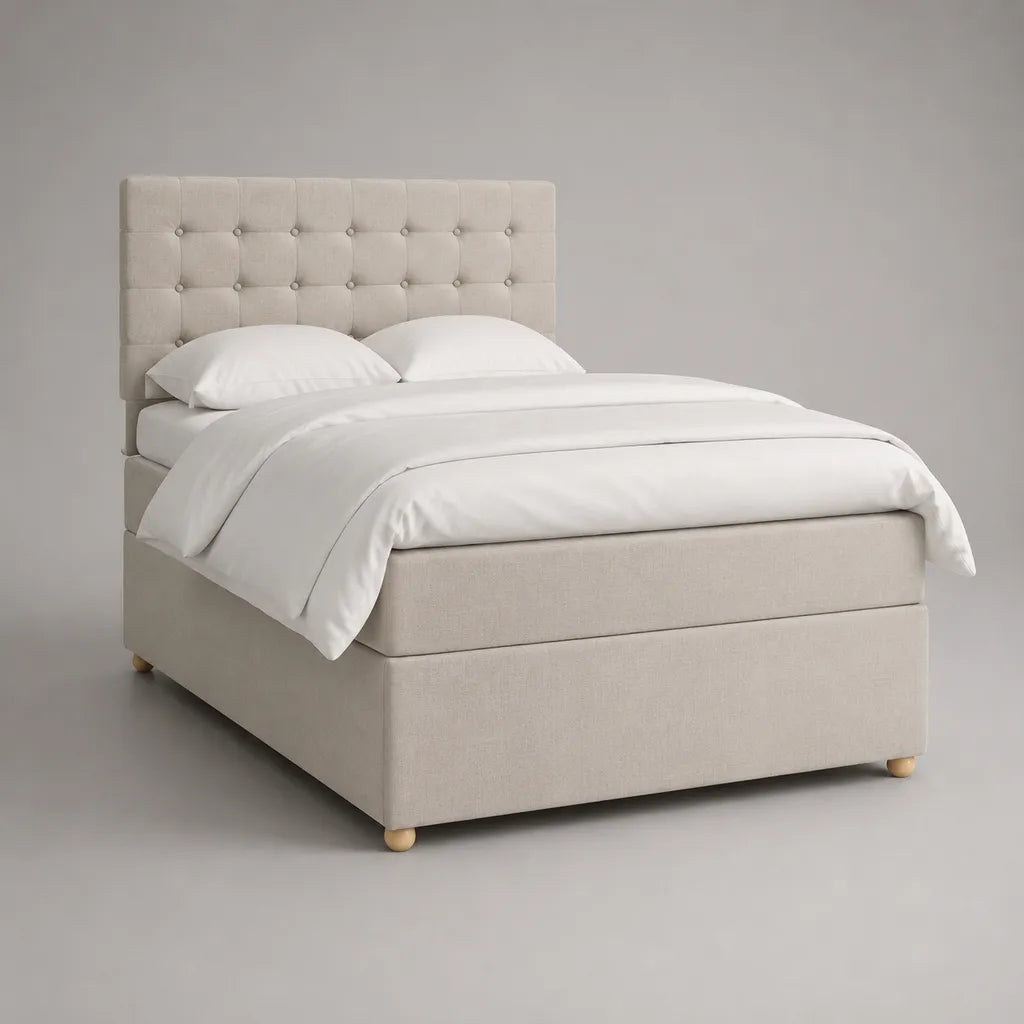 Lit rembourré en tissu avec agrafage sur bouton, beige, couchage 160 × 200 cm, dimensions totales 215 × 170 × 120 cm