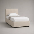 Lit simple rembourré en tissu avec grille à lattes, beige et noir, couchage 90 × 200 cm, dimensions totales 215 × 100 × 110 cm