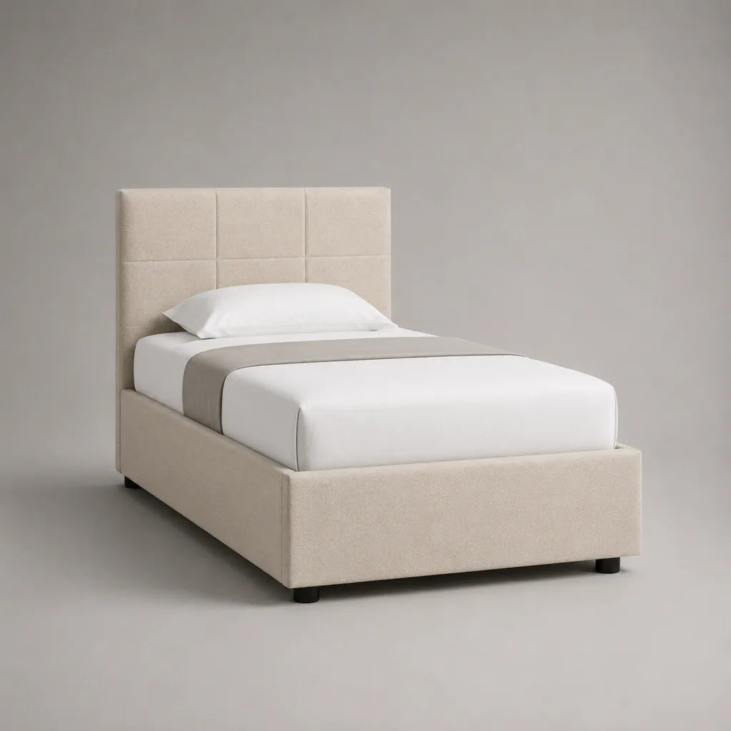 Lit simple rembourré en tissu avec grille à lattes, beige et noir, couchage 90 × 200 cm, dimensions totales 215 × 100 × 110 cm