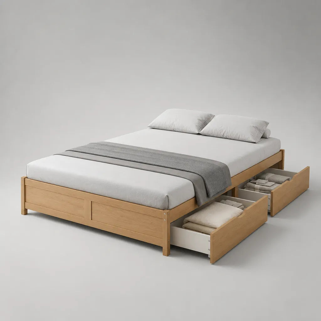 Lit double avec 2 tiroirs en bois massif de pin, bois naturel et blanc, 160 × 200 cm