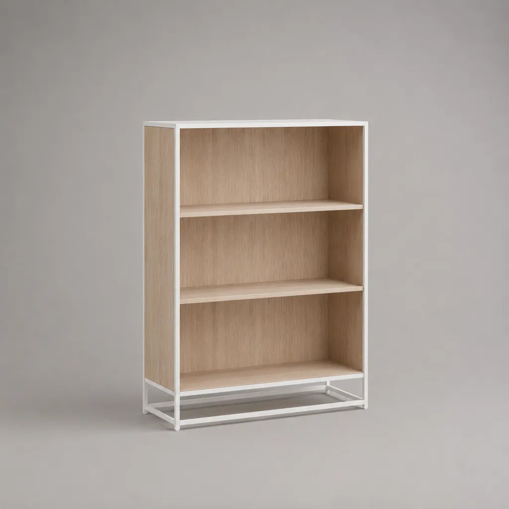 Bibliothèque en panneaux de particules et en acier, couleur chêne/blanc, 100 × 35 × 140 cm