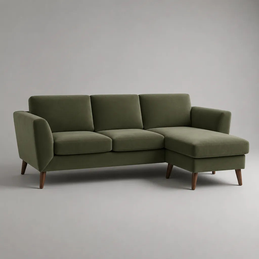 Sofa d'angle à 3 places avec récamiere côté droit, velours polyester et pieds en bois massif, vert olive, 220 × 145 × 86 cm
