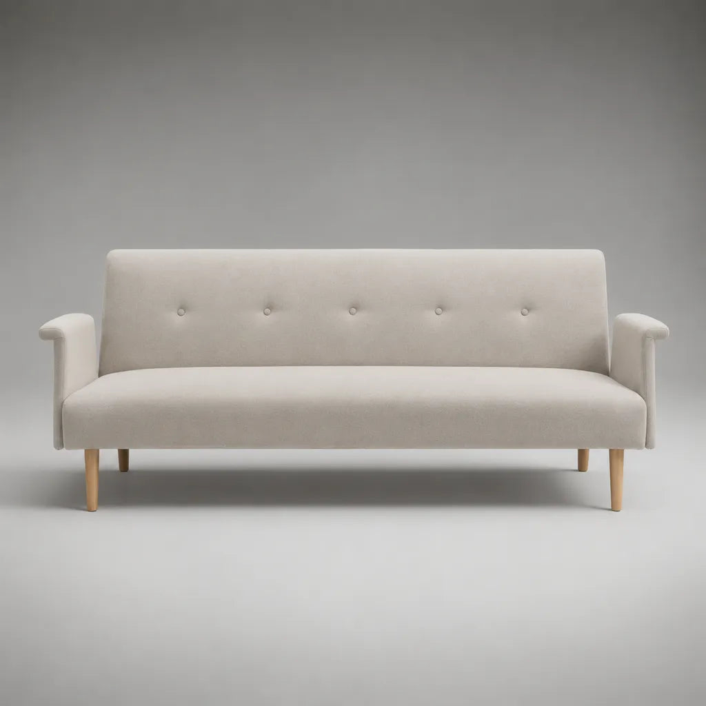 Canapé 3 places avec housse en tissu, pieds en bois et agrafe-bouton, beige/nature, 180 × 78 × 82 cm