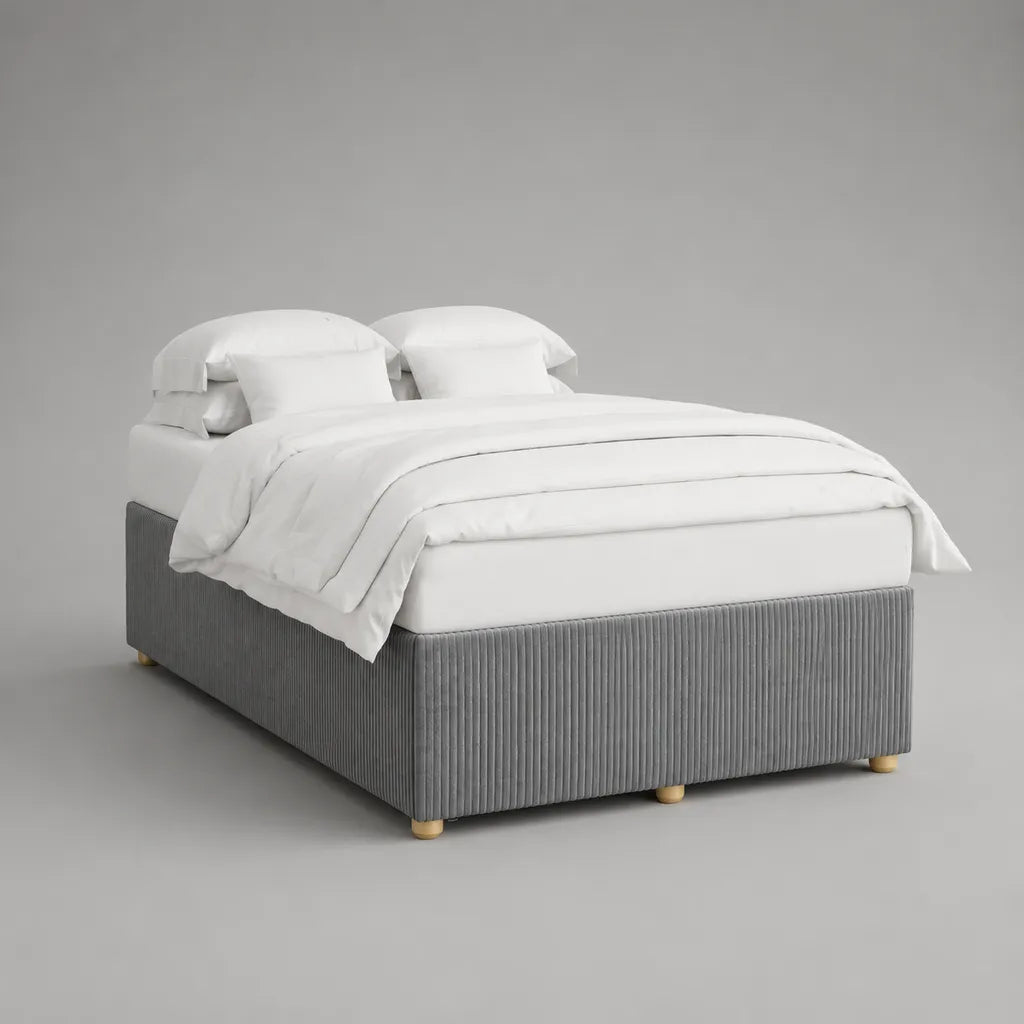 Lit de rembourrage gris sans tête de lit avec housse en corde, surface 160 × 200 cm, dimensions totales 166 × 206 × 42 cm