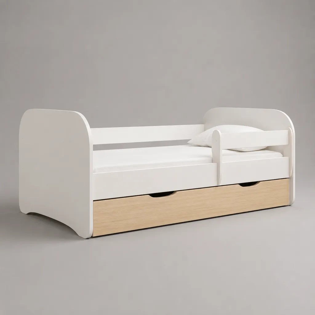 Lit bébé avec protection contre les pannes, grille et tiroir en MDF, blanc et chêne, couchage 80 × 160 cm