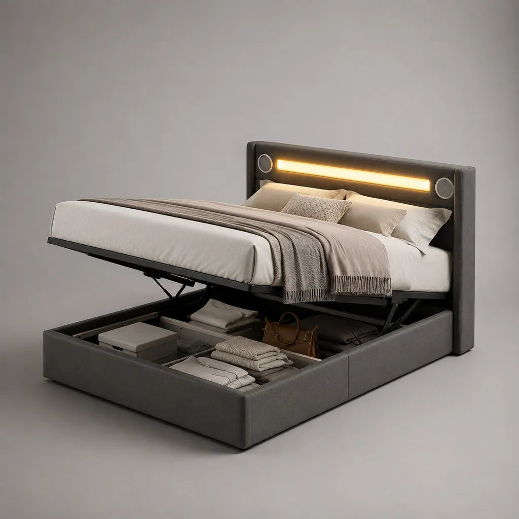 Lit de rangement en métal et bois avec grille hydraulique, éclairage LED et haut-parleurs, polyester, gris foncé, 160 × 200 cm